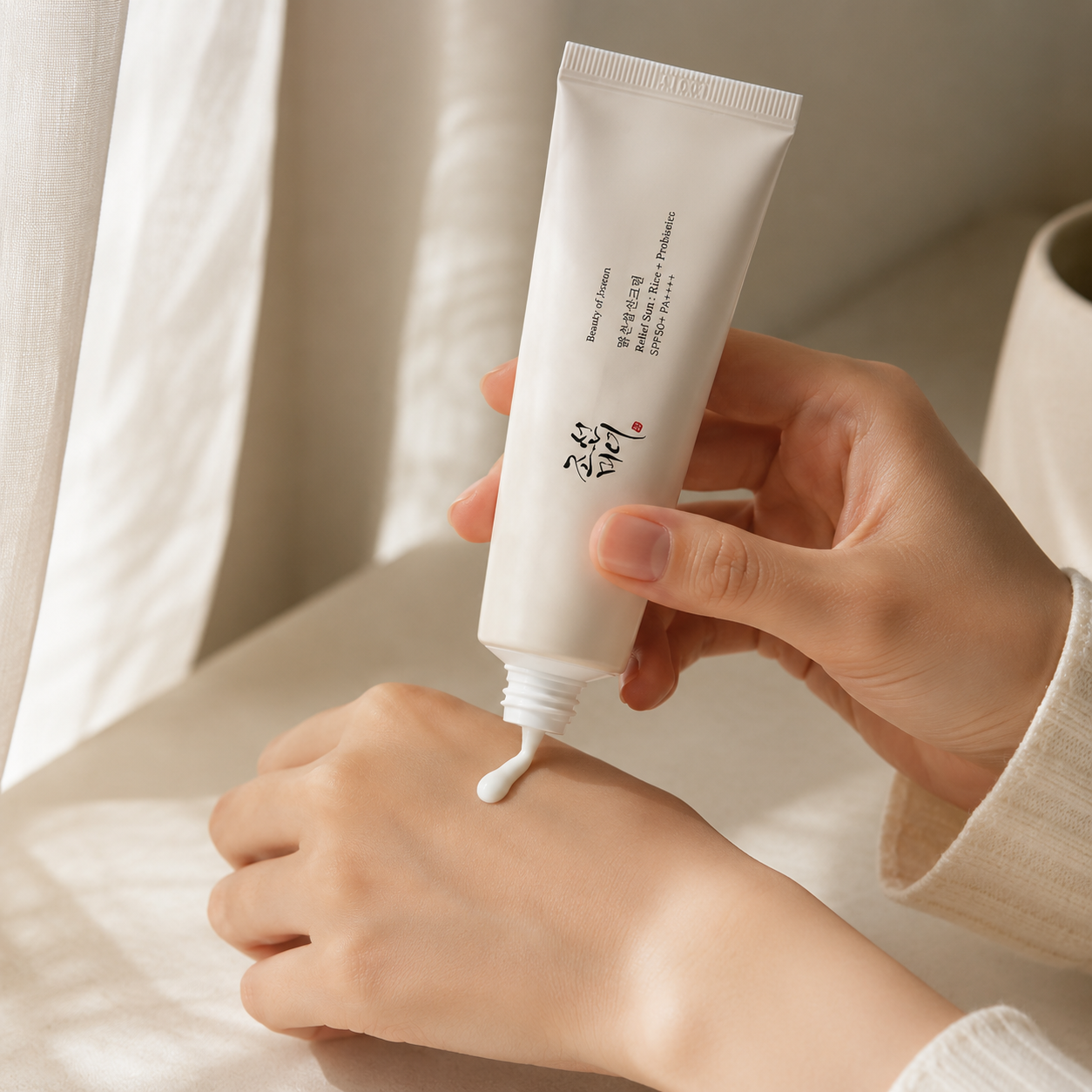 Beauty of Joseon Relief Sun Rice + Probiotics SPF50+ PA++++ being applied onto the hand in soft morning sunlight, showing the creamy sunscreen texture and calm Korean skincare routine moment.