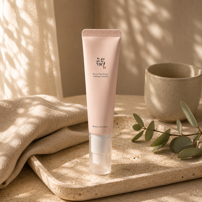 Beauty of Joseon Revive Eye Serum Ginseng + Retinal displayed naturally on a warm travertine vanity with a folded beige linen cloth, ceramic cup, glass vase with eucalyptus, and soft morning sunlight, creating a premium Korean skincare lifestyle editorial scene.