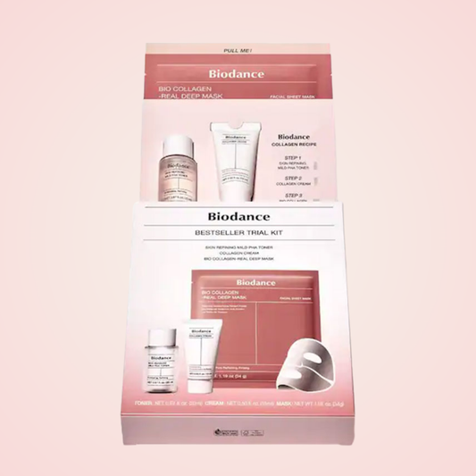 Biodance Bestseller Trial Kit open view – includes Bio Collagen Real Deep Mask, toner, and collagen cream in travel size.