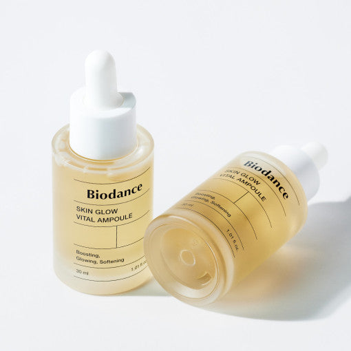 Biodance Skin Glow Vital Ampoule bottles showcasing lightweight glow serum texture