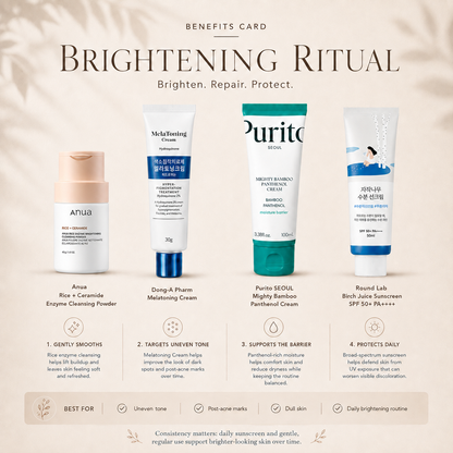 Brightening Ritual benefits including brighter-looking skin, more even-looking tone, soothing hydration, barrier support, and daily SPF 50+ sun protection.