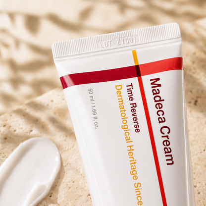 Close-up detail of Centellian24 Madeca Cream Time Reverse 50ml packaging on textured travertine, showing the red and orange label design and tube finish.