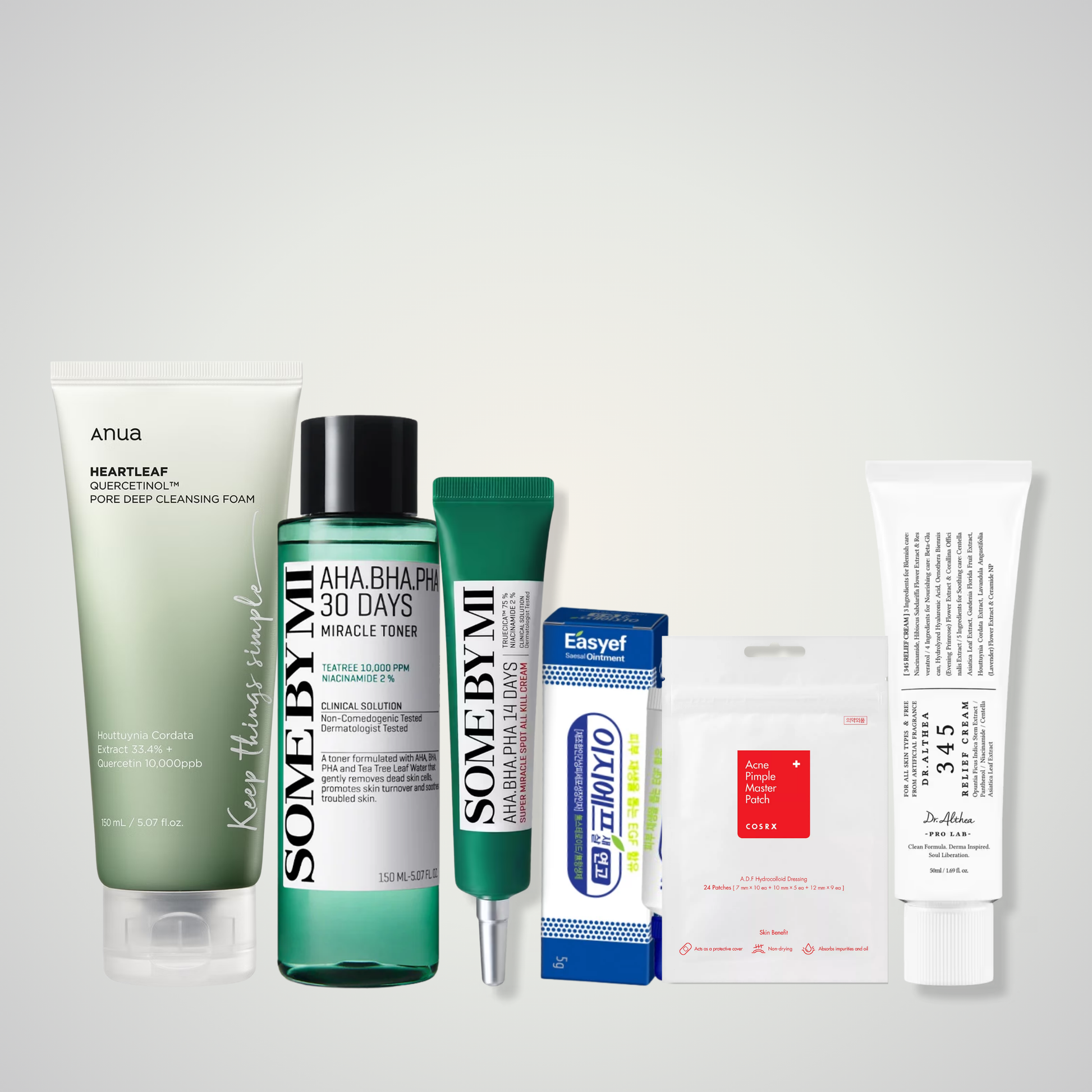 Acne treatment Korean skincare routine with toner spot cream and recovery ointment