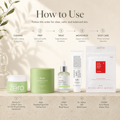 A skincare 'How to Use' infographic showing five product steps and five corresponding products lined up at the bottom. The products include Banila Co Clean It Zero cleansing balm, Abib heartleaf spot pad, iunik tea tree relief serum, Dr. Althea Cream and COSRX pimple patch