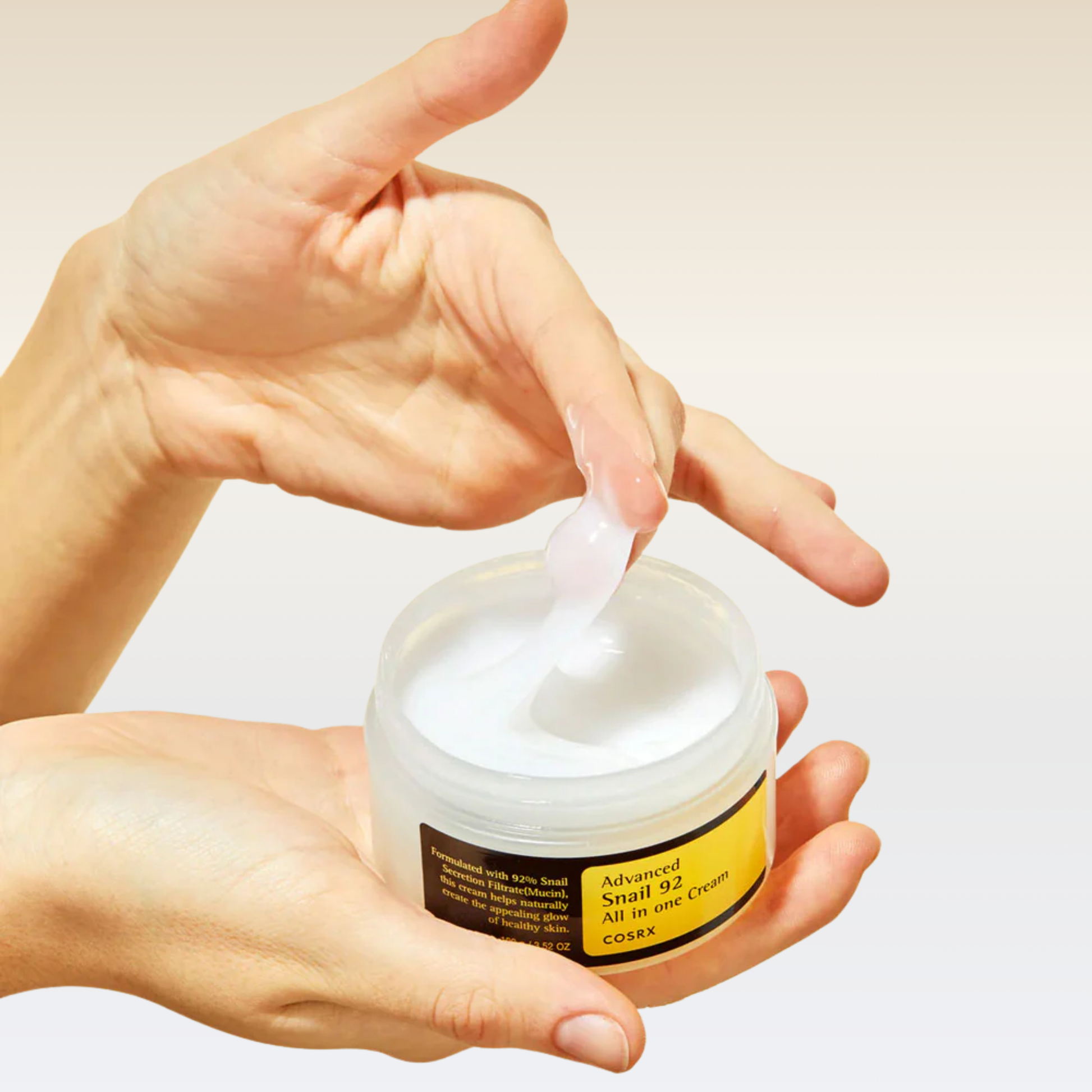 COSRX Advanced Snail 92 All In One Cream application – repairing all-in-one snail cream for hydration and skin barrier care.