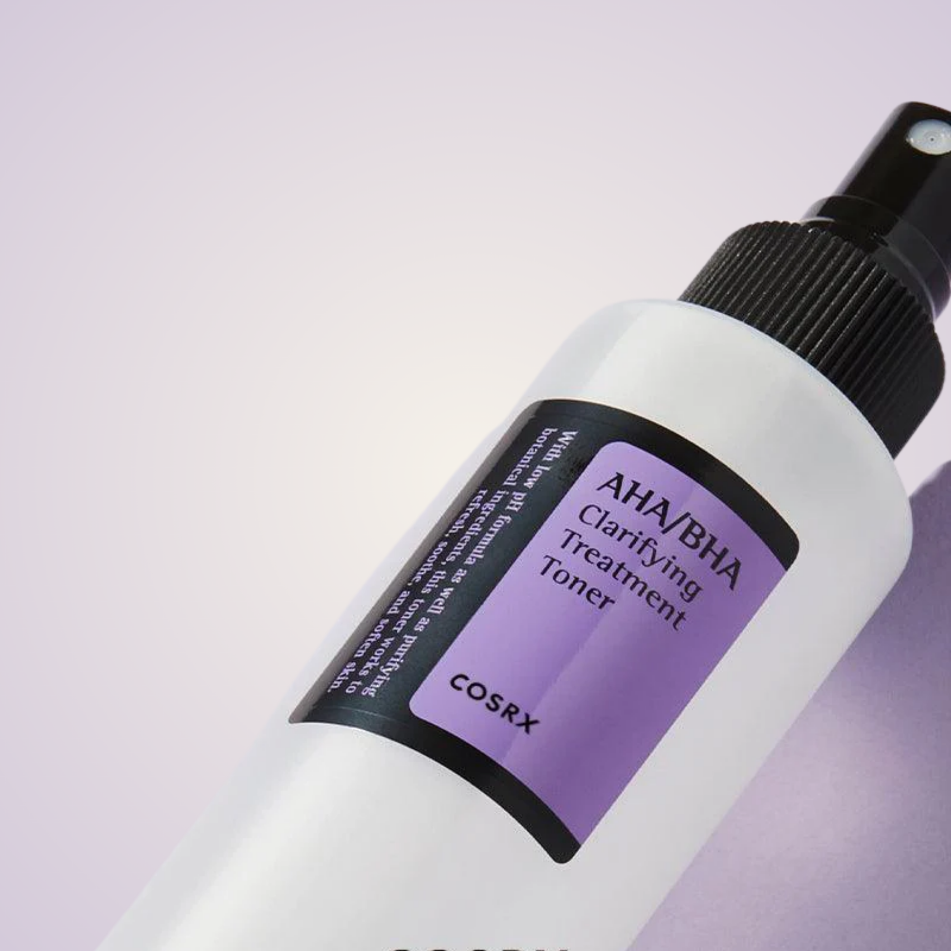 Close-up of COSRX AHA/BHA Clarifying Treatment Toner – gentle exfoliation for radiant skin.