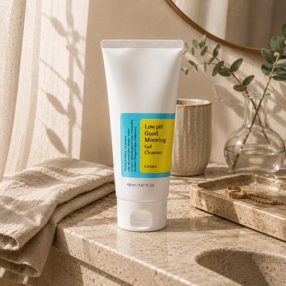 COSRX Low pH Good Morning Gel Cleanser 150ml displayed on a warm beige travertine bathroom vanity with folded linen, a matte ceramic cup, a glass vase with eucalyptus, and soft morning sunlight, creating a calm luxury Korean skincare editorial aesthetic.