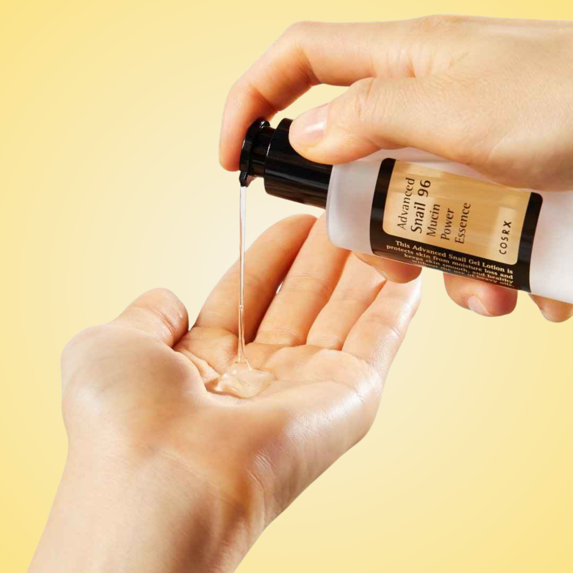 COSRX Snail 96 Mucin Power Essence poured into palm – deeply hydrating essence for skin repair.