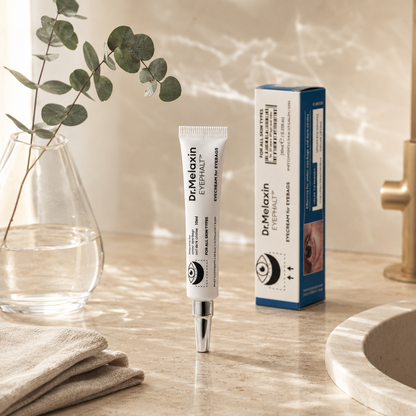 Dr. Melaxin Eyephalt Eyebag Cream 10ml styled in a calm Korean skincare ritual with folded beige linen, a travertine tray, matte ceramic cup, and eucalyptus under soft morning light.