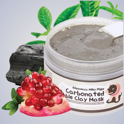 Elizavecca Carbonated Bubble Clay Mask – enriched with charcoal and pomegranate for detox and brightening.