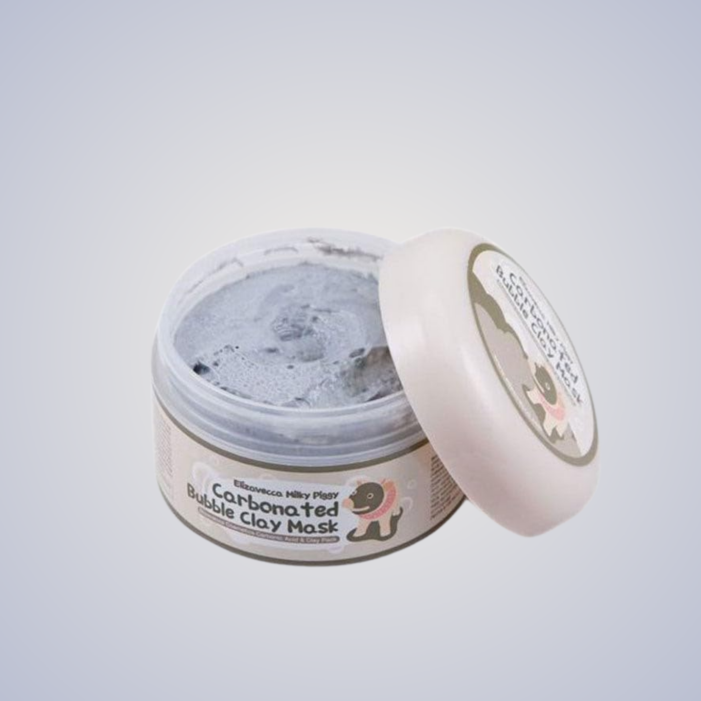 Open jar of Elizavecca Carbonated Bubble Clay Mask – bubbling clay formula for cleansing pores.