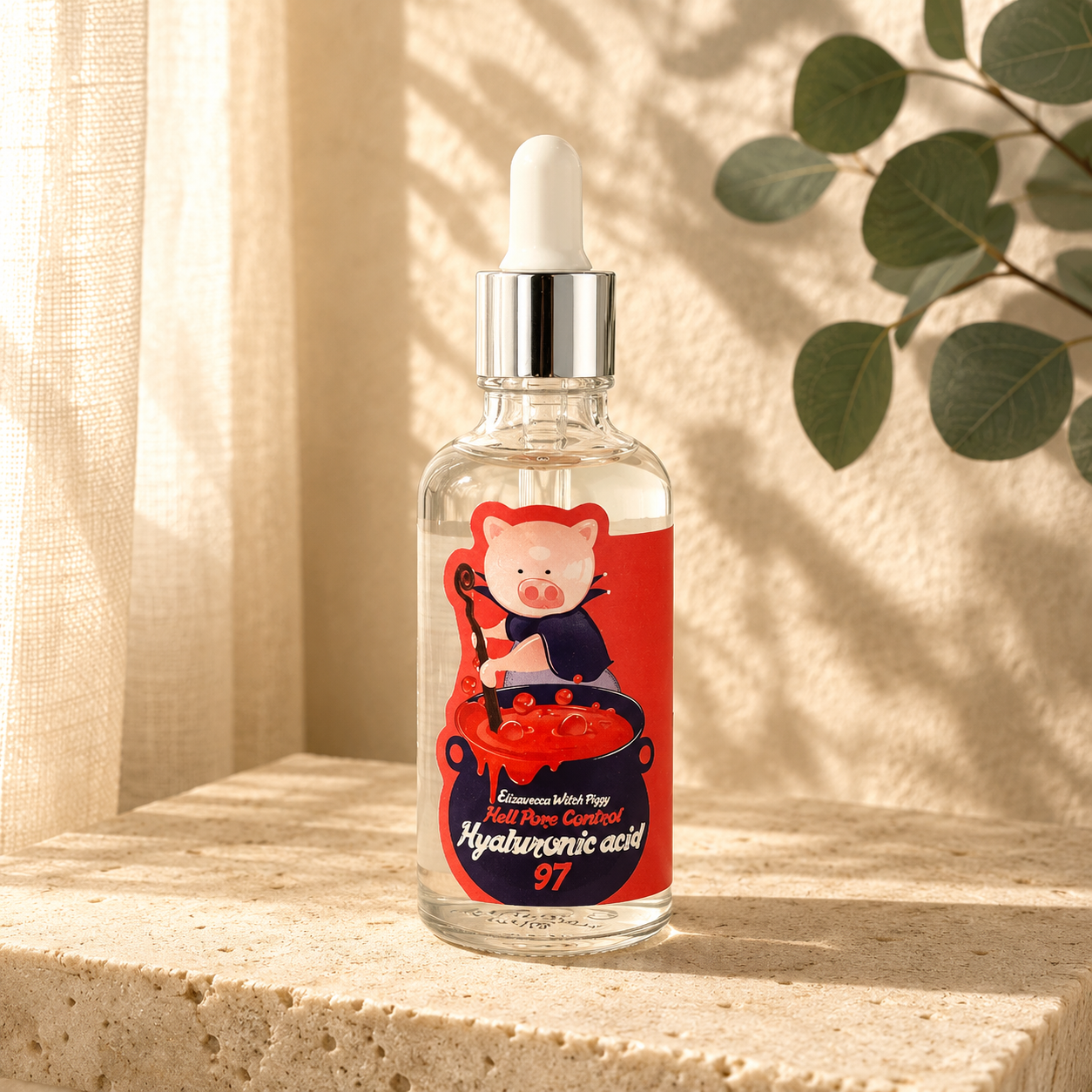Elizavecca Witch Piggy Hell Pore Control Hyaluronic Acid 97 serum displayed on a warm beige travertine stone under soft morning sunlight with delicate botanical shadows, photographed in a luxury Korean skincare editorial style with the original packaging preserved.