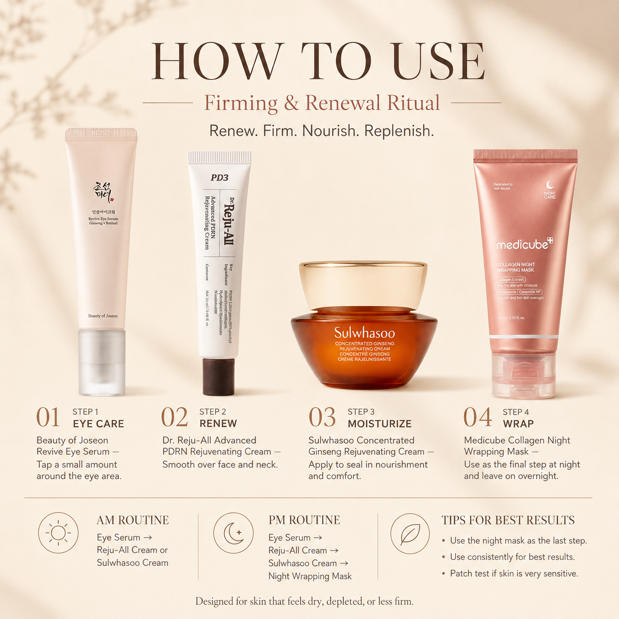 How to use the Gaia K-Beauty Firming & Renewal Ritual with Beauty of Joseon eye serum, Dr. Reju-All PDRN cream, Sulwhasoo ginseng cream, and Medicube collagen night mask.