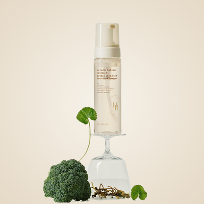 Heveblue Salmon Caring Centella Bubble Cleanser with broccoli and centella – nourishing foaming cleanser for daily use.