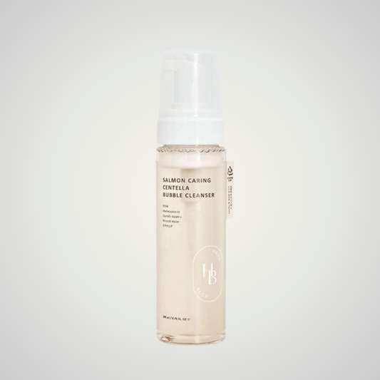Heveblue Salmon Caring Centella Bubble Cleanser 200ml – gentle foaming cleanser with salmon extract and centella asiatica.