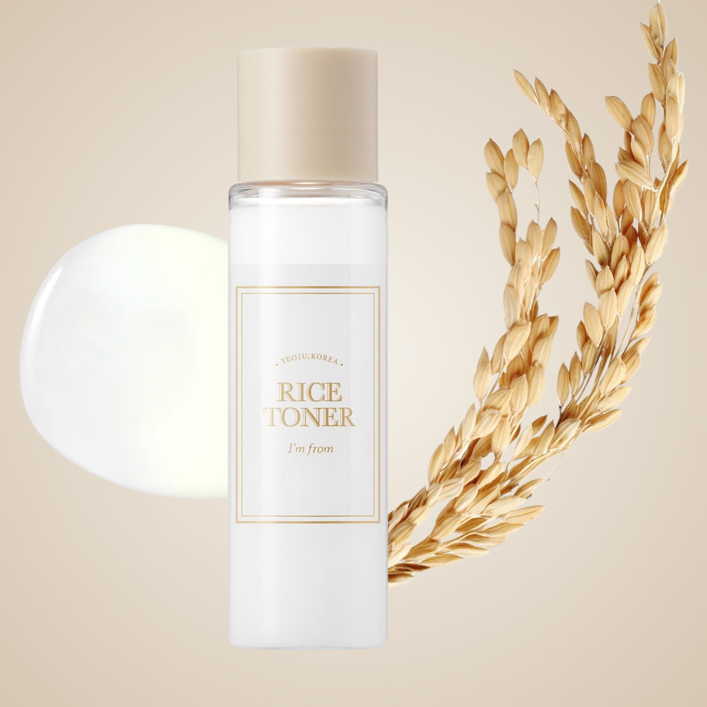 Toner texture with I’m From Rice Toner bottle and rice grains.