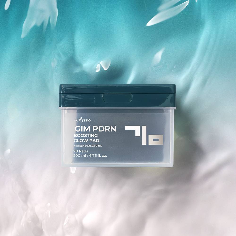 Isntree GIM PDRN Boosting Glow Pad 200ml/70ea — pad container on a watery blue background.