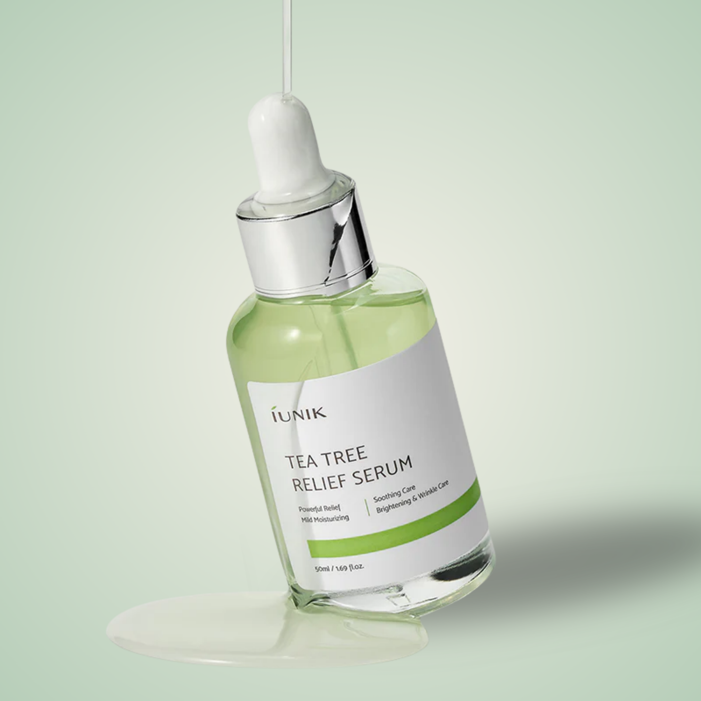 iUNIK Tea Tree Relief Serum with dropper dispensing clear texture