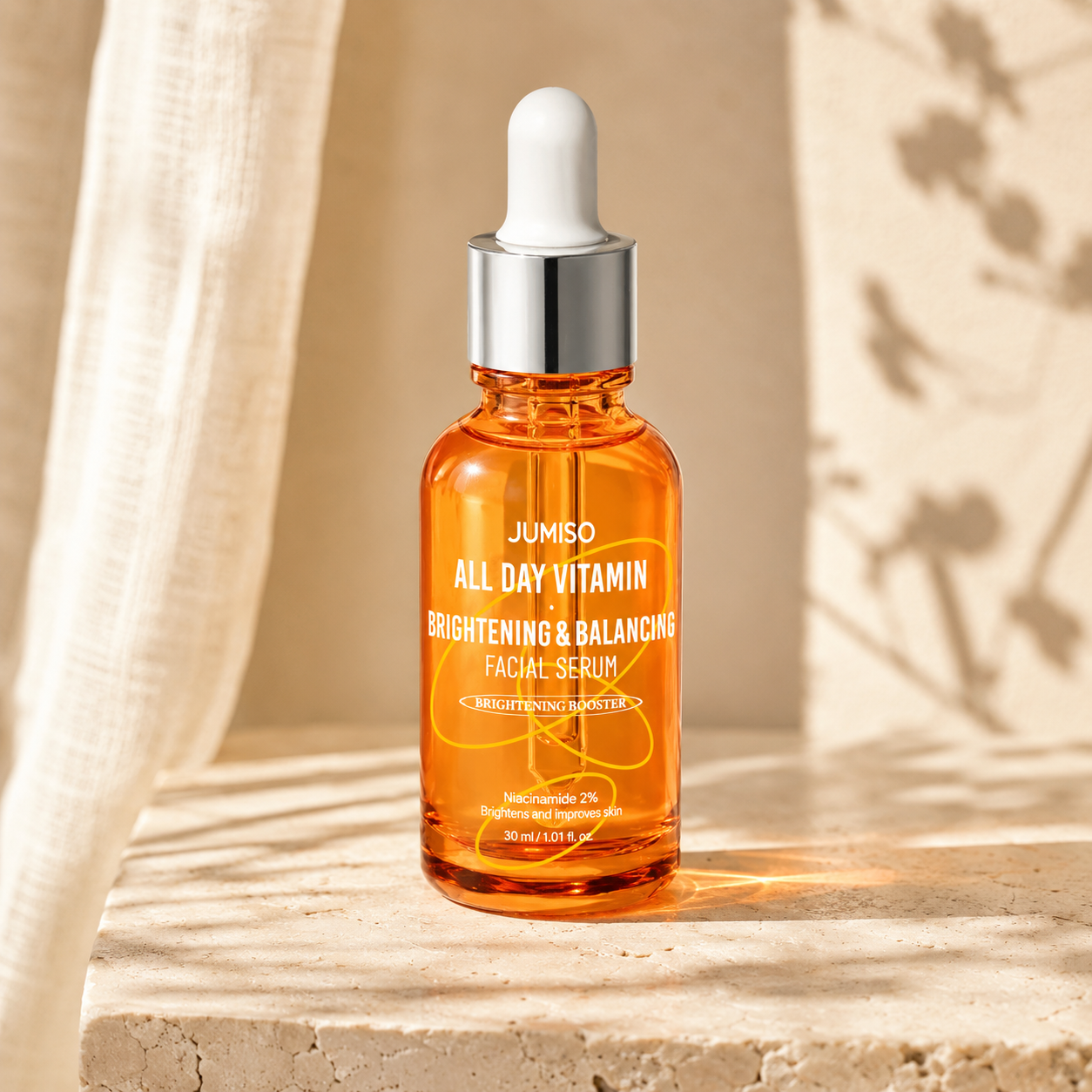 Jumiso All Day Vitamin Brightening & Balancing Facial Serum 30ml displayed on warm travertine in soft morning sunlight with minimal shadows in a luxury skincare hero photo.