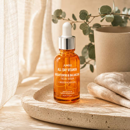 Jumiso All Day Vitamin Brightening & Balancing Facial Serum 30ml styled on a travertine tray with beige linen and eucalyptus in a warm editorial skincare lifestyle scene.