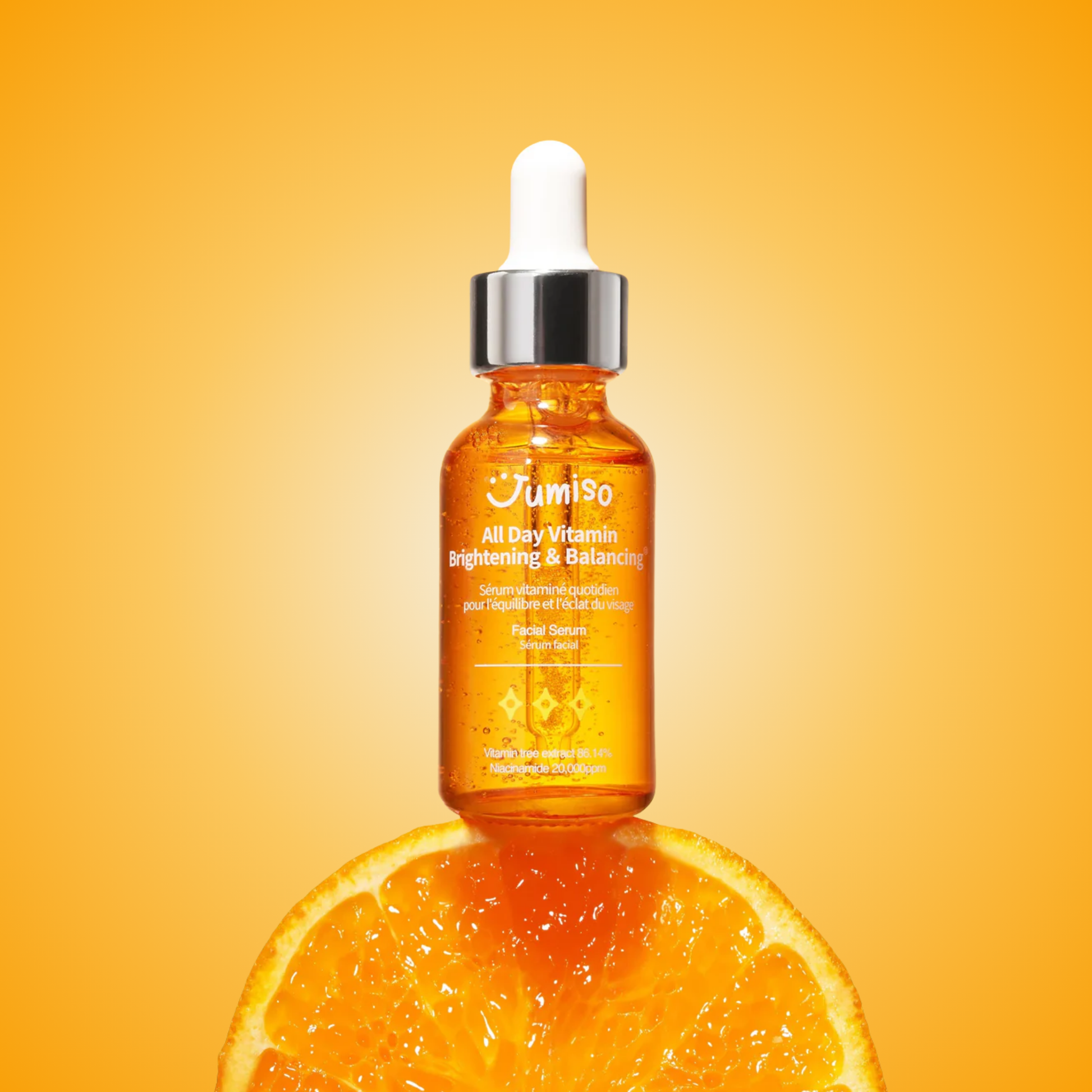 Jumiso All Day Vitamin Brightening & Balancing Serum styled with orange – antioxidant-rich serum for glow and hydration.