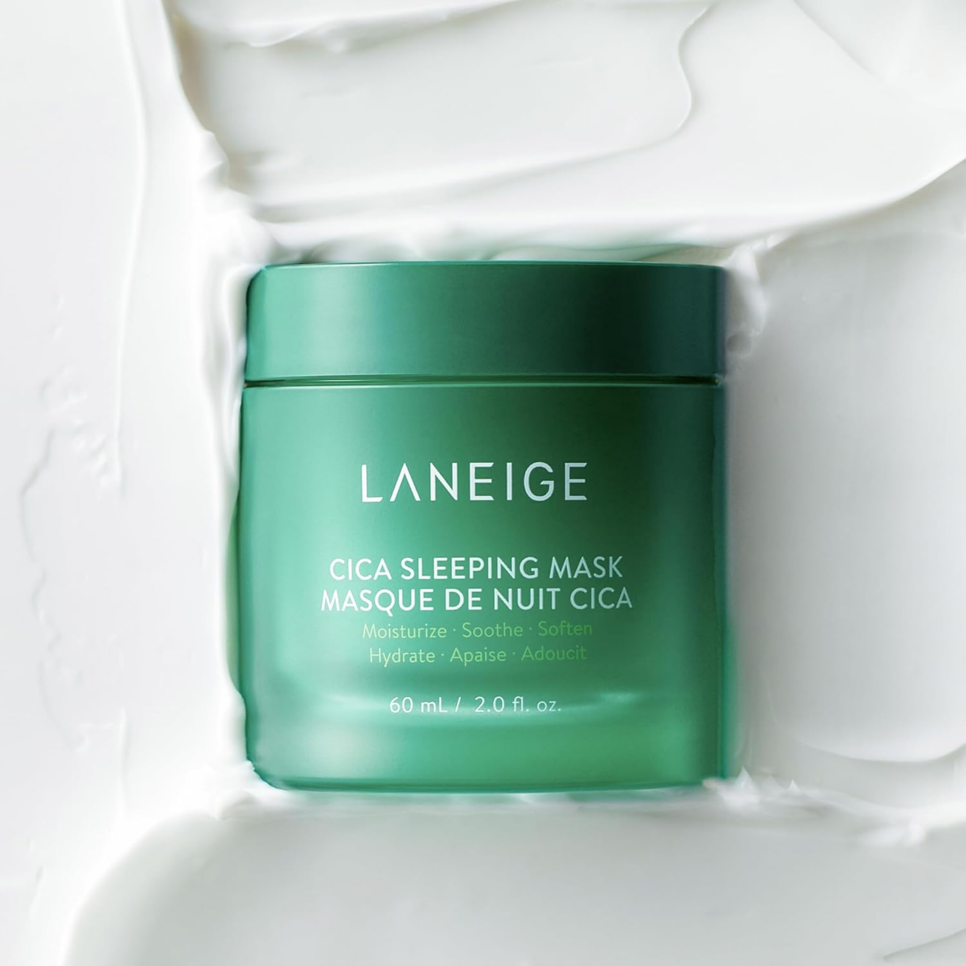 Laneige Cica Sleeping Mask jar on creamy texture swatch