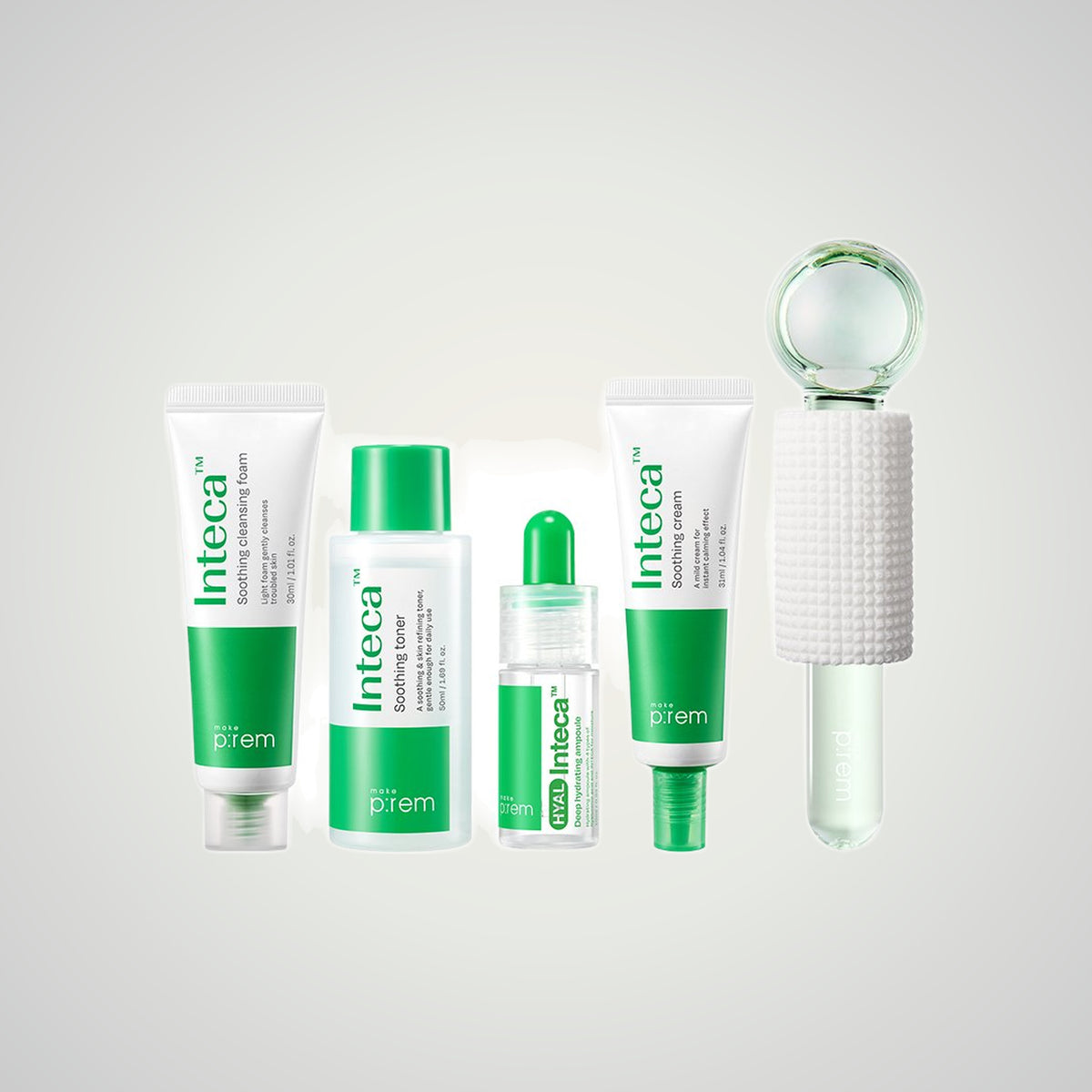make p:rem Inteca Soothing Trial Kit on a soft neutral background.