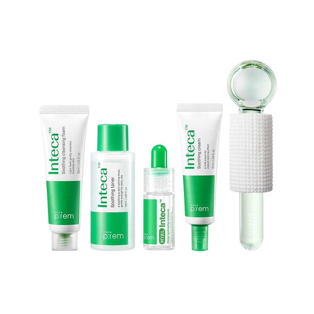 make p:rem Inteca Soothing Trial Kit — trial-size skincare products and face cooler.