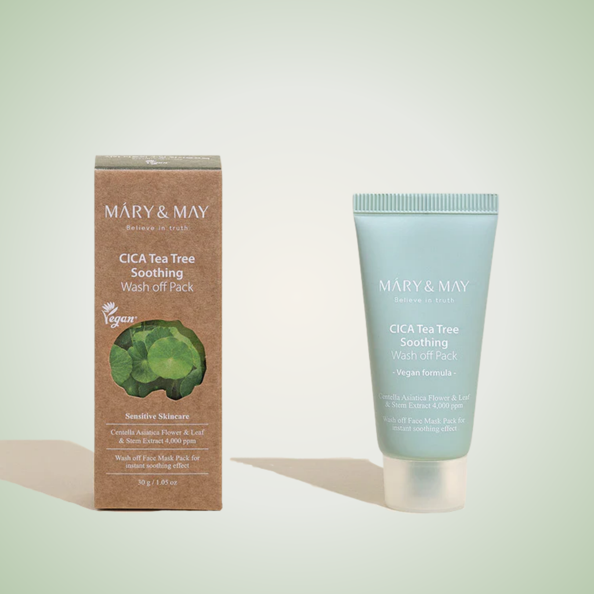 Mary & May CICA Tea Tree Soothing Pack with box – gentle detox care for sensitive and oily skin