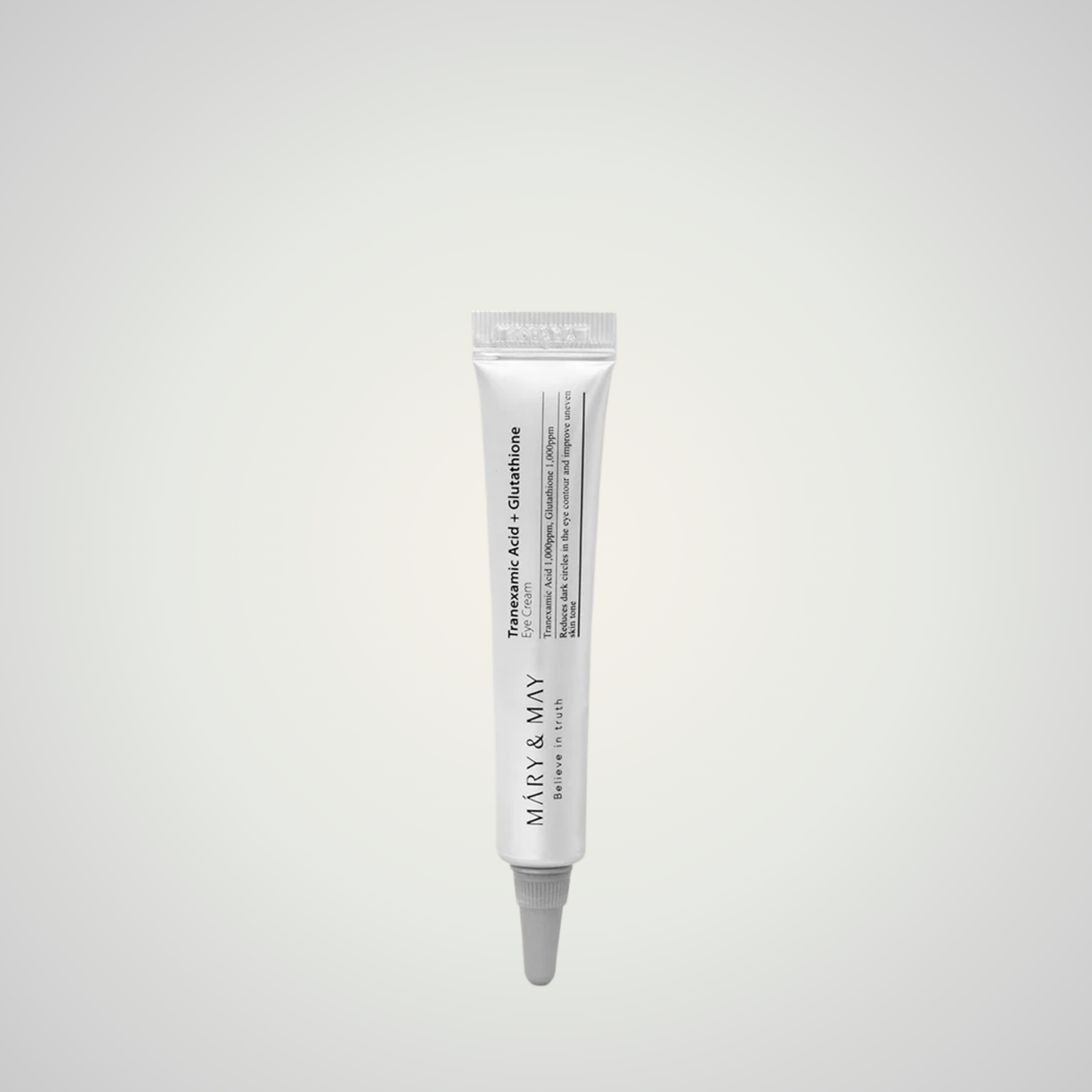 Mary & May Tranexamic Acid + Glutathione Eye Cream tube on beige background – brightening under-eye treatment