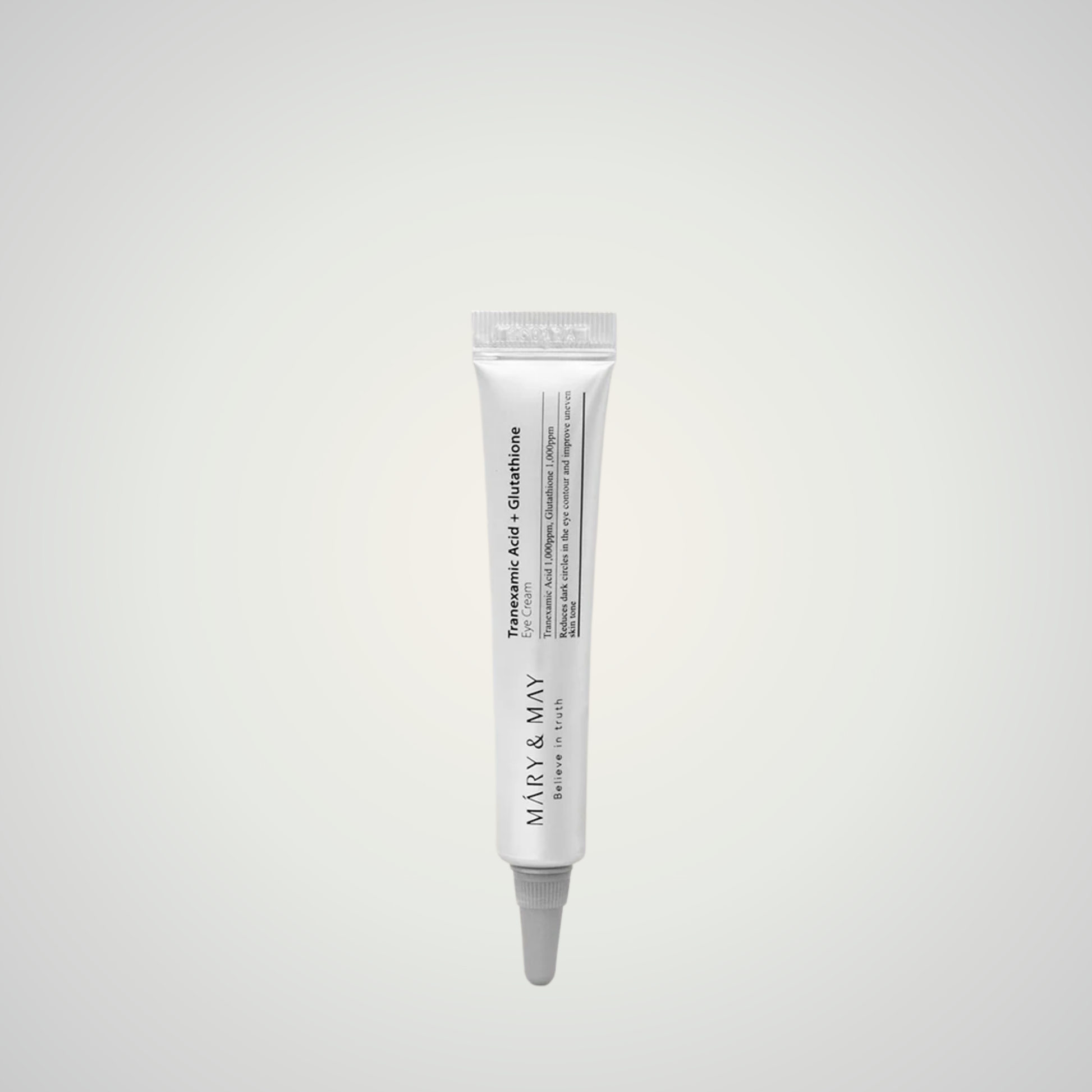 Mary & May Tranexamic Acid + Glutathione Eye Cream tube on beige background – brightening under-eye treatment