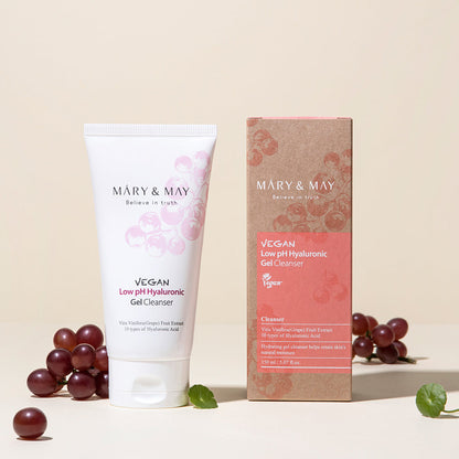 MARY & MAY Vegan Low pH Hyaluronic Gel Cleanser 150ml — cleanser tube and carton with grapes.