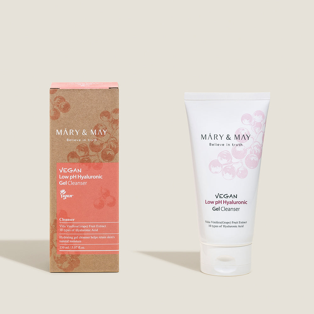 MARY & MAY Vegan Low pH Hyaluronic Gel Cleanser 150ml — cleanser tube beside its carton.