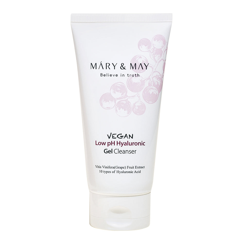 MARY & MAY Vegan Low pH Hyaluronic Gel Cleanser 150ml — cleanser tube, front view.