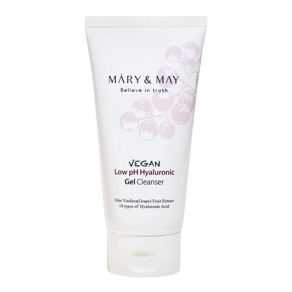 MARY & MAY Vegan Low pH Hyaluronic Gel Cleanser 150ml — cleanser tube, front view.