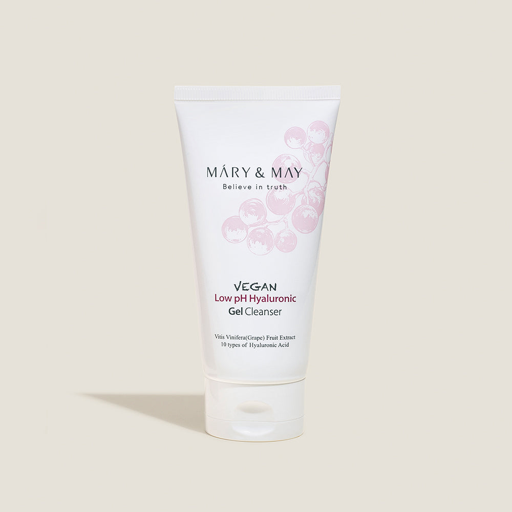 MARY & MAY Vegan Low pH Hyaluronic Gel Cleanser 150ml — cleanser tube on a neutral display.