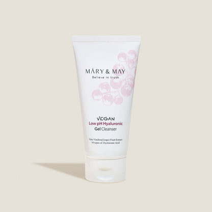 MARY & MAY Vegan Low pH Hyaluronic Gel Cleanser 150ml — cleanser tube on a neutral display.
