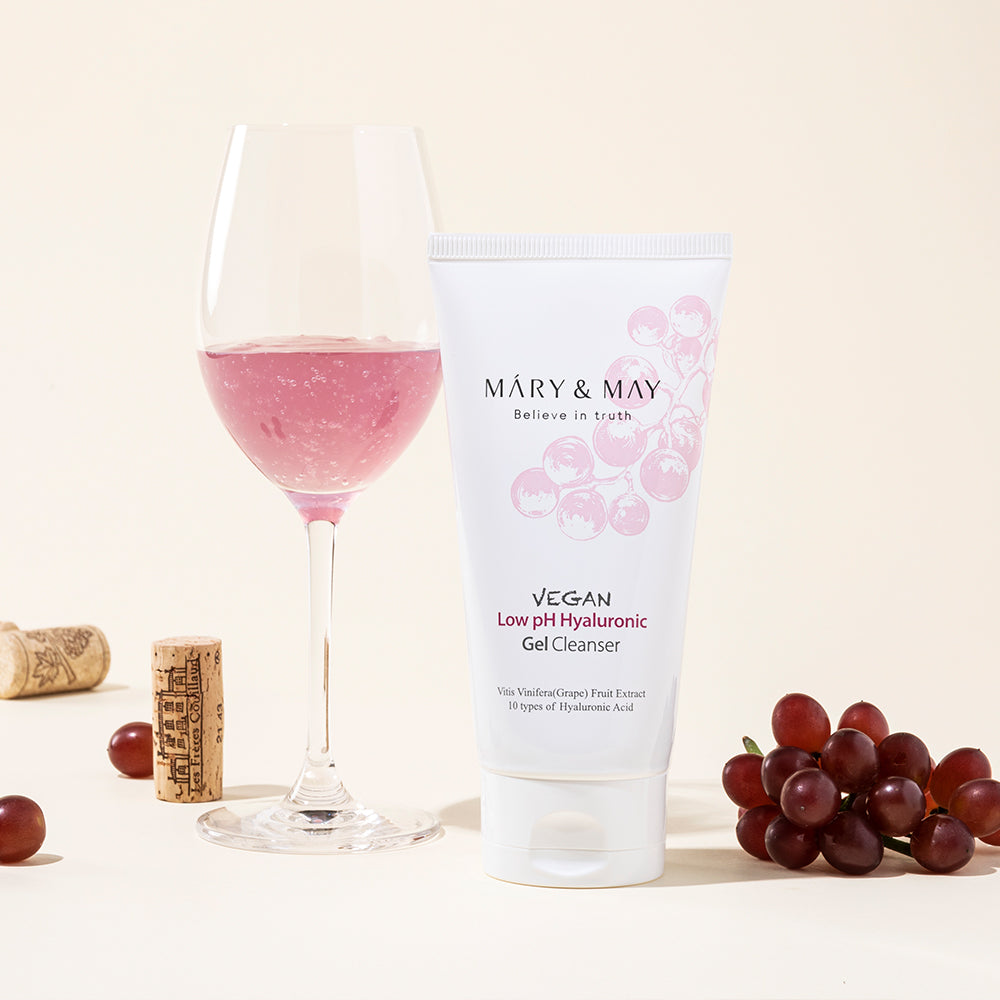MARY & MAY Vegan Low pH Hyaluronic Gel Cleanser 150ml — cleanser tube with grapes and a glass.