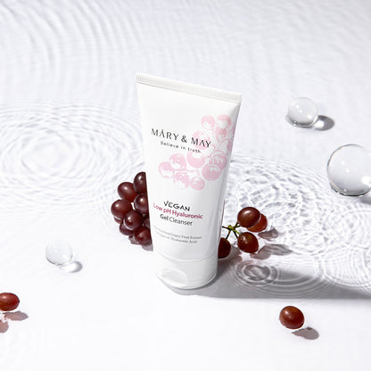 MARY & MAY Vegan Low pH Hyaluronic Gel Cleanser 150ml — cleanser tube with grapes and water.