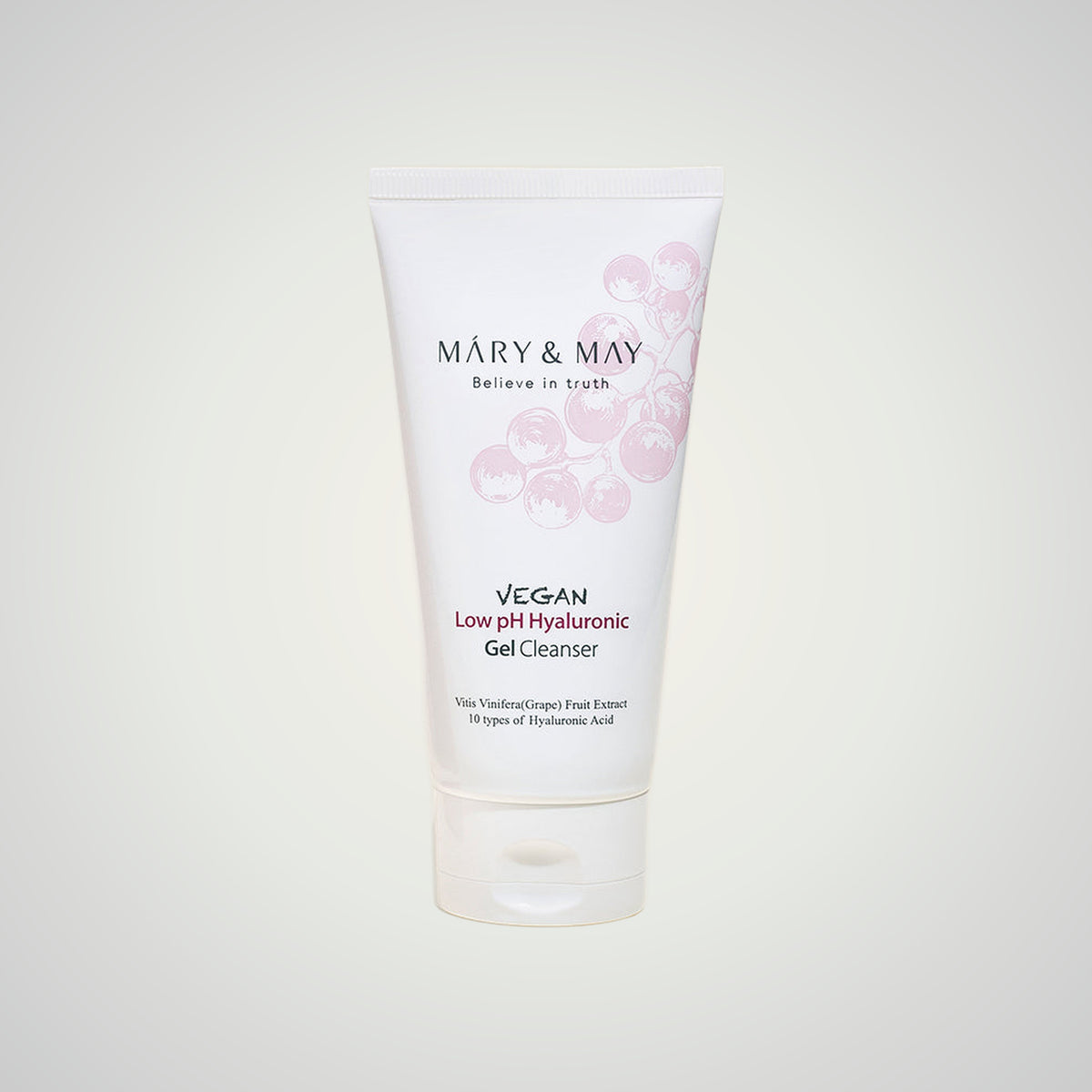 MARY & MAY Vegan Low pH Hyaluronic Gel Cleanser 150ml on a soft neutral background.