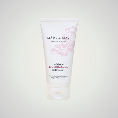 MARY & MAY Vegan Low pH Hyaluronic Gel Cleanser 150ml on a soft neutral background.