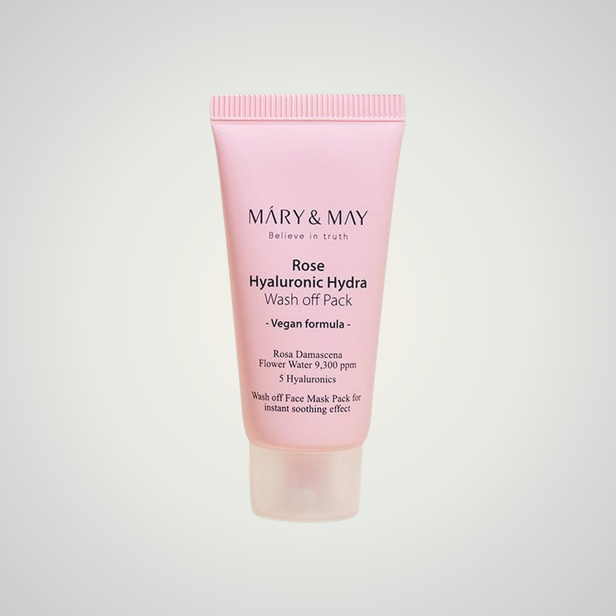 MARY & MAY Vegan Rose Hyaluronic Hydra Wash off Pack 30g on a soft neutral background.