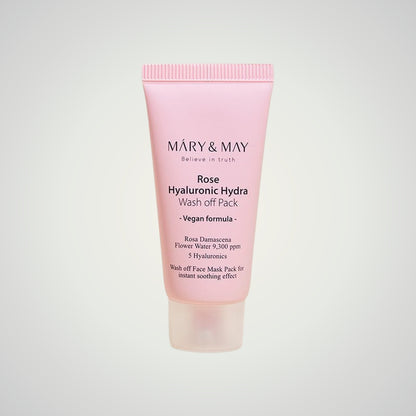 MARY & MAY Vegan Rose Hyaluronic Hydra Wash off Pack 30g on a soft neutral background.