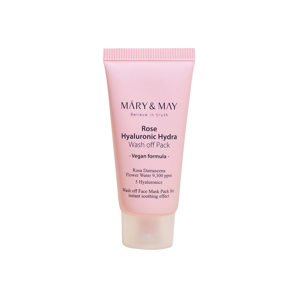 MARY & MAY Vegan Rose Hyaluronic Hydra Wash off Pack 30g — pink wash-off mask tube.