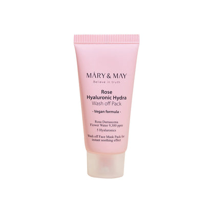 MARY & MAY Vegan Rose Hyaluronic Hydra Wash off Pack 30g — pink wash-off mask tube.