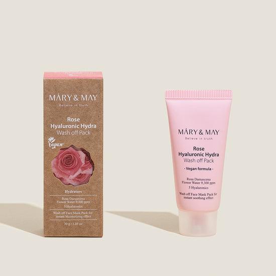 MARY & MAY Vegan Rose Hyaluronic Hydra Wash off Pack 30g — tube and carton on a neutral display.