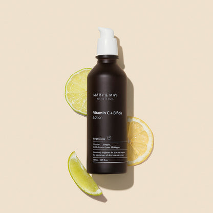 MARY & MAY Vitamin C+Bifida Lotion 120ml — lotion bottle with citrus styling.