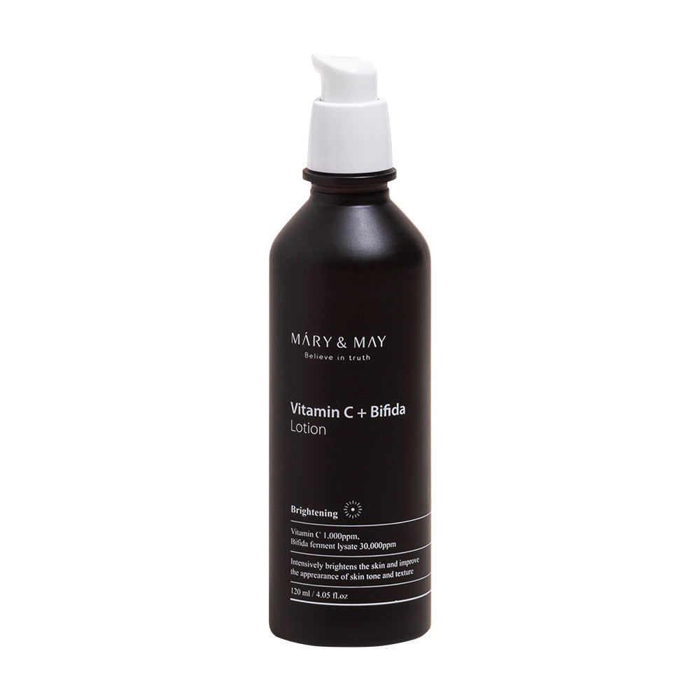 MARY & MAY Vitamin C+Bifida Lotion 120ml — lotion pump bottle, front view.