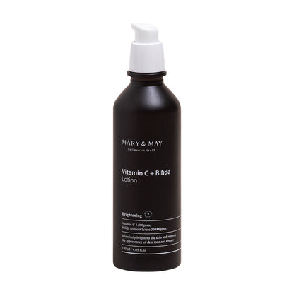 MARY & MAY Vitamin C+Bifida Lotion 120ml — lotion pump bottle, front view.