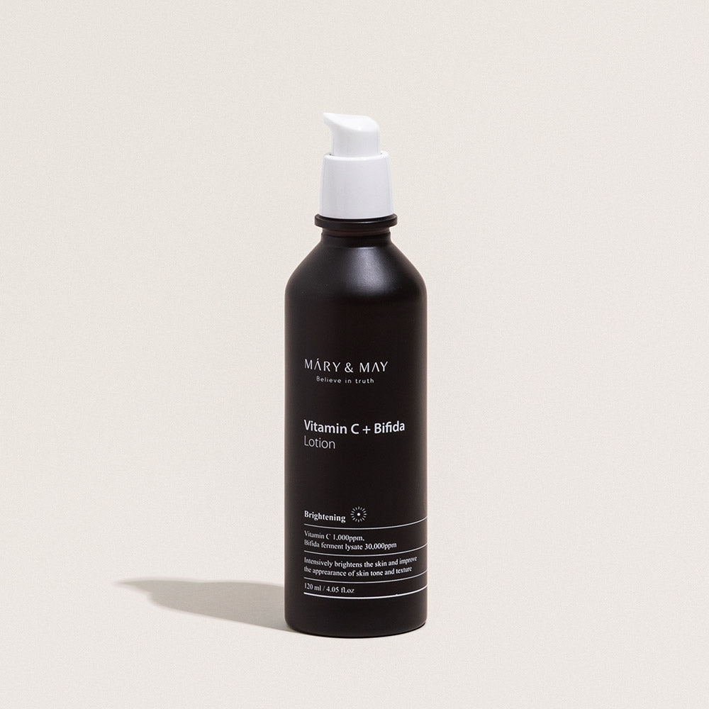 MARY & MAY Vitamin C+Bifida Lotion 120ml — lotion pump bottle on a neutral display.
